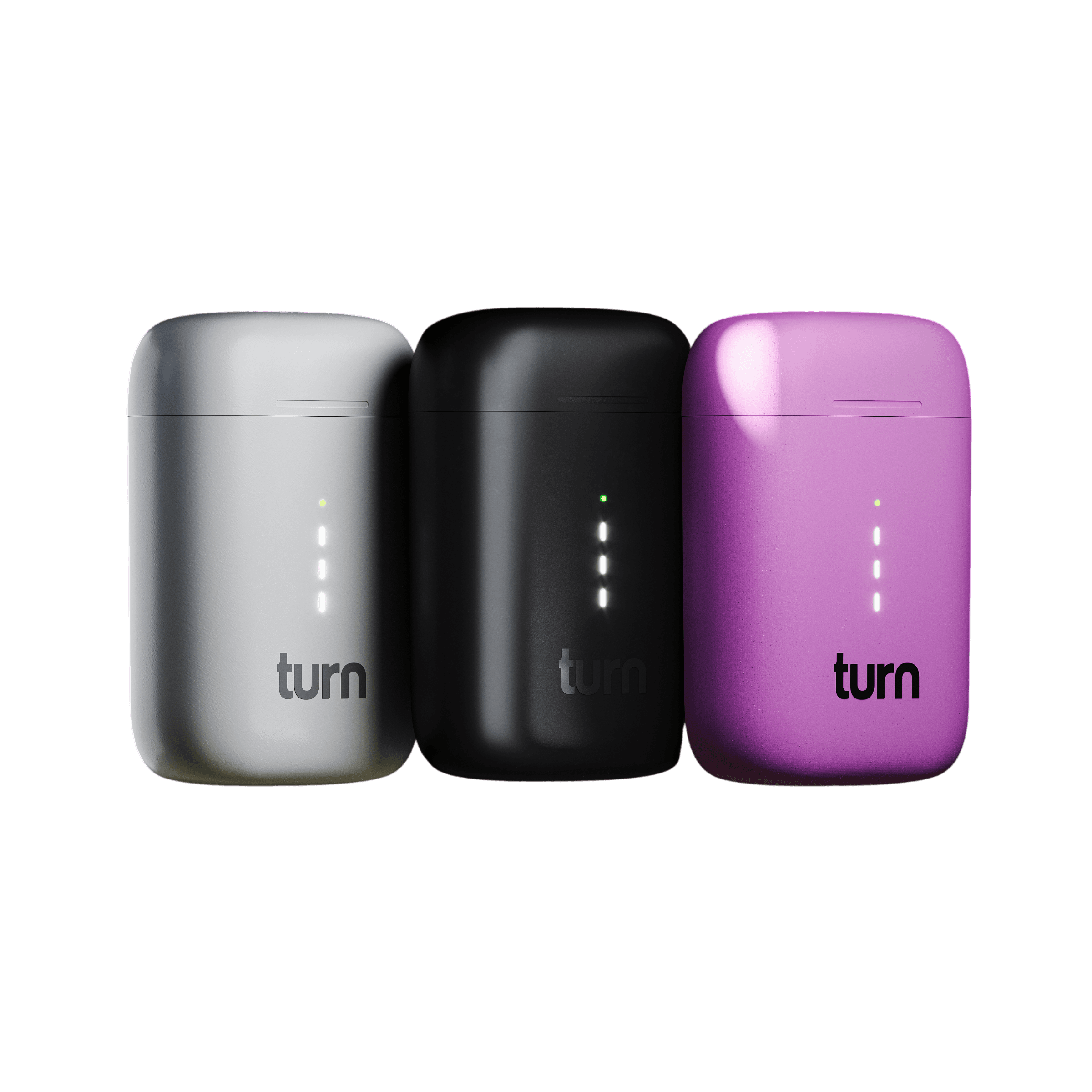 Turn pods in silver, black, and purple